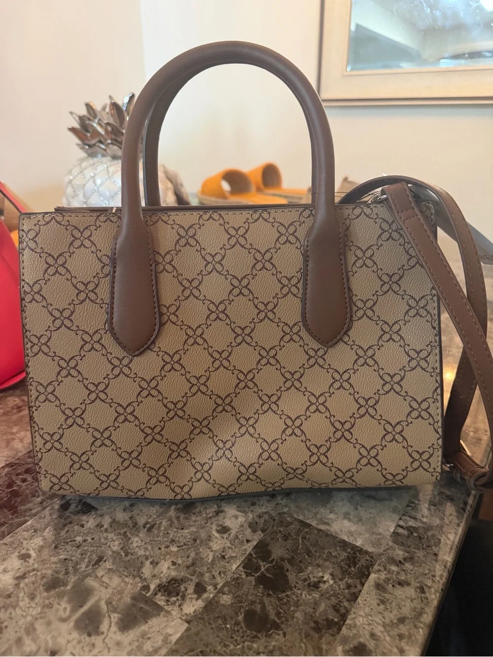Beige Patterned Tote Handbag with Brown Trim